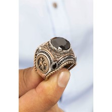 Özel Koleksiyon Siyah Taşlı Kurt Ve Ay Yıldız Motifli İşlemeli Gümüş Erkek Yüzük