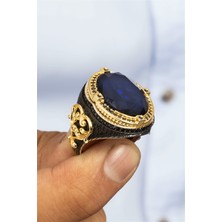 Lacivert Taşlı Altın Kaplama Otantik Gümüş Erkek Yüzük