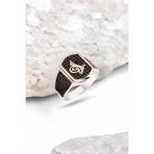 Silverplus Gümüş Siyah Zirkon Taşlı Tuğralı Erkek Yüzük