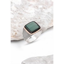 Silverplus Gümüş Yeşil Akik Taşlı Siyah Zirkon Süslemeli Çizgili Kasa Erkek Yüzük