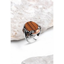 Silverplus Düz Kaplan Gözü Taşlı Kenarları Kılıçlı Gümüş Erkek Yüzük