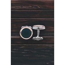 Silverplus Gümüş Yeşil Akik Taşlı Yuvarlak Model Kol Düğmesi