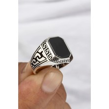 Siyah Oniks Taşlı Zincir Motifli Gümüş Erkek Yüzük