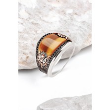 Silverplus ​​Gümüş Özel Kesim Kaplan Gözü Taşlı Zirkon İşlemeli Erkek Yüzük