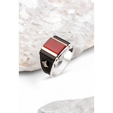 Silverplus Gümüş Özel Kesim Taşlı Kenarları Tuğralı Erkek Yüzük