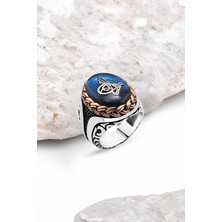 Silverplus Sentetik Mavi Kehribar Tuğralı Gümüş Erkek Yüzük