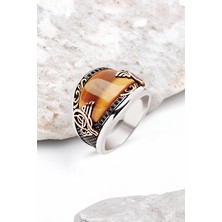 Silverplus ​​Gümüş Özel Kesim Kaplan Gözü Taşlı İşlemeli Erkek Yüzük