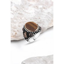 Silverplus Düz Kaplan Gözü Taşlı Gümüş Erkek Yüzük