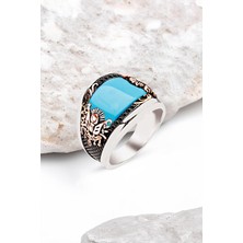 Silverplus ​Gümüş Özel Kesim Sıkma Turkuaz Osmanlı Armalı Erkek Yüzük