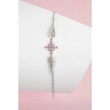 Pembe Zirkon Taşlı Rodyumlu 925 Ayar Gümüş Çiçek Bayan Bileklik