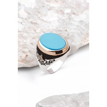 Silverplus Gümüş Oval Kesim Sıkma Turkuaz Taşlı Yanları Tuğralı Erkek Yüzük