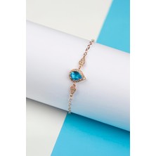 Aqua Taşlı Rose Renk 925 Ayar Gümüş Damla Bayan Bileklik