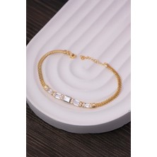 Silverplus 925 Ayar Gümüş Baget Taşlı Altın Kaplama Ortası Düz Triple Bayan Bileklik