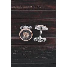 Silverplus Gümüş Siyah Zirkon Taşlı Osmanlı Armalı Yuvarlak Kol Düğmesi