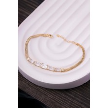 Silverplus 925 Ayar Gümüş Baget Taşlı Altın Kaplama Küp Zincir Triple Bayan Bileklik