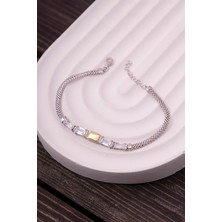 Silverplus 925 Ayar Gümüş Baget Taşlı Rodyumlu Ortası Düz Triple Bayan Bileklik