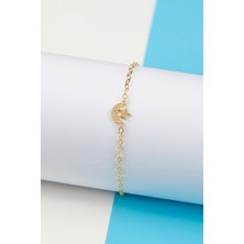 Altın Kaplama Zirkon Taşlı 925 Ayar Gümüş Minimal Ayyıldız Bayan Bileklik