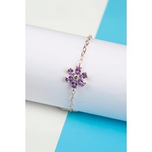 Mor Zirkon Taşlı Rose Renk 925 Ayar Gümüş Çiçek Bayan Bileklik