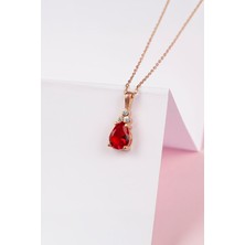 Kırmızı Zirkon Taşlı Rose Renk 925 Ayar Gümüş Bayan Kolye