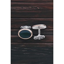 Silverplus ​​​​​Gümüş Yeşil Akik Taşlı Oval Kol Düğmesi