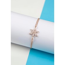 Beyaz Zirkon Taşlı Rose Renk 925 Ayar Gümüş Çiçek Bayan Bileklik