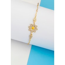 Mineli Zirkon Taşlı Altın Kaplama 925 Ayar Gümüş Bayan Papatya Bileklik