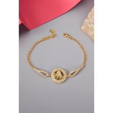 925 Ayar Gümüş Altın Kaplama Zirkon Taşlı Tuğra Bayan Bileklik