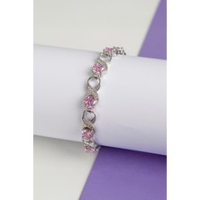 Pembe Zirkon Taşlı Rodyumlu 925 Ayar Gümüş Su Yolu Sonsuzluk Bayan Bileklik