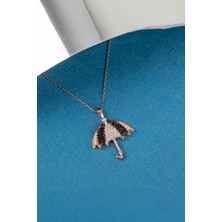 Siyah Beyaz Zirkon Taşlı Rose 925 Ayar Gümüş Şemsiye Bayan Kolye