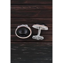 Silverplus Gümüş Siyah Onix Taşlı Oval Kol Düğmesi