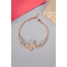 925 Ayar Gümüş Baget Zirkon Taşlı Rose Kelebek Bayan Bileklik