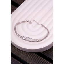 Silverplus 925 Ayar Gümüş Baget Taşlı Rodyumlu Küp Zincir Triple Bayan Bileklik