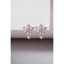 Pembe Zirkon Taşlı Rodyumlu 925 Ayar Gümüş Çiçek Küpe