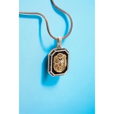 925 Ayar Gümüş Siyah Zirkon Taşlı Aslan Erkek Kolye