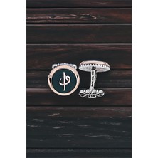 Silverplus Gümüş Yeşil Akik Taşlı Elif Vav Temalı Yuvarlak Kol Düğmesi