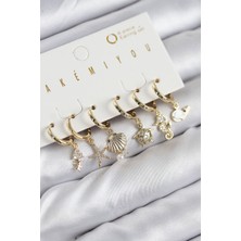 Pirinç Zirkon Taşlı Istiridye Balina ve Yıldız Gold Renk 6'lı Küpe Set