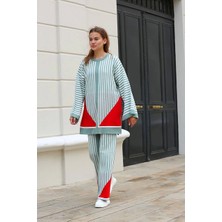 Çizgili Bisiklet Yaka Triko Takım Mint