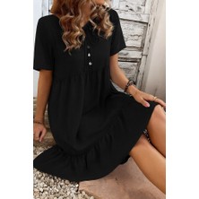 Arben Boutique Kadın Kısa Kollu Yakası Bağcıklı Önden Düğmeli Fırfır Desenli Süprem Elbise