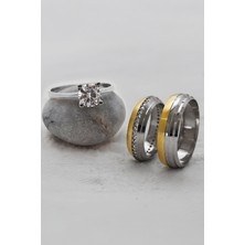 Silverplus Kenarı Altın Renk Şeritli Çift Gümüş Alyans (Tektaş Hediyeli)