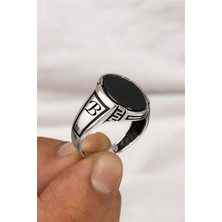 Oniks Taşlı Çift Tarafı Harfli Grek Model Gümüş Erkek Yüzük