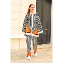 Çizgili Bisiklet Yaka Triko Takım Beyaz