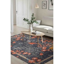 Florart Lacivert / Turuncu Doğa Temalı Çiçekli Dokuma Tabanlı Modern Şönil Halı Al 480