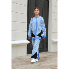 Çizgili Bisiklet Yaka Triko Takım Mavi