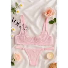 Pembe Çiçek Desenli Dantel Bralet & Külot Iç Giyim Takımı