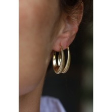 14 Ayar Altın Çizgi Doku Detaylı Geometrik Şekilli Küpe