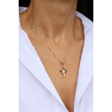 14 Ayar Altın Aynalı Zincirli Bombeli Yuvarlak Kenar Detaylı Kutup Yıldızı Kolye-3