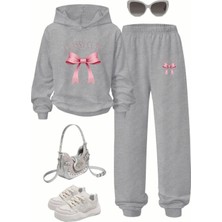 Amor Face Büyük Beden Özel Üretim Kapüşonlu Pembe Kurdele Baskılı Kışlık Modern Kadın Eşofman Takımı