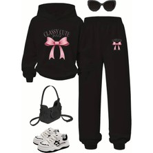 Amor Face Büyük Beden Özel Üretim Kapüşonlu Pembe Kurdele Baskılı Kışlık Modern Kadın Eşofman Takımı