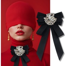 Saten Siyah,elya Serisi,kristal Taş Tasarım Kurdela Broş,yaka Broş,kadın Kravat