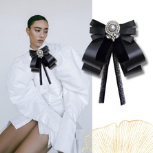 Saten Siyah,elya Serisi,kristal Taş Tasarım Kurdela Broş,yaka Broş,kadın Kravat